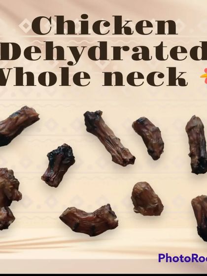 A close-up of my dehydrated chicken whole neck treats. These are a great dental chew that helps clean your dog's teeth as they gnaw.