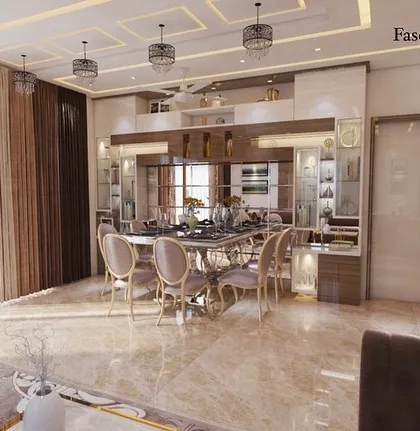 This 3D visualization presents a large, open-plan living and dining hall. The design incorporates classic furniture with modern lighting and a neutral color scheme, demonstrating our versatility in creating timeless interiors.