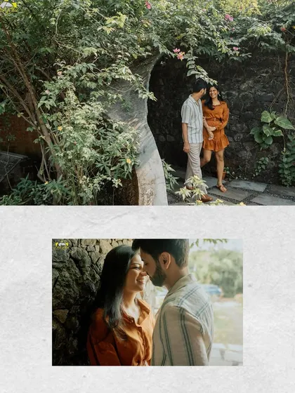 A collage showing the couple in a lush, green setting. The images capture both a wide view of the natural surroundings and a close-up of their intimate connection.