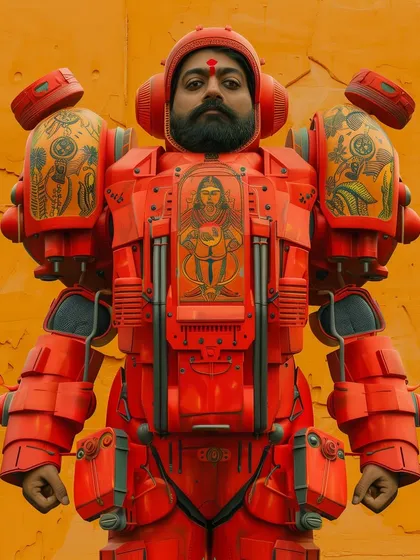 A heavily armored Yuntriksh pilgrim in a powerful red suit. The design suggests a higher rank or a more protective function, perhaps a temple guard.