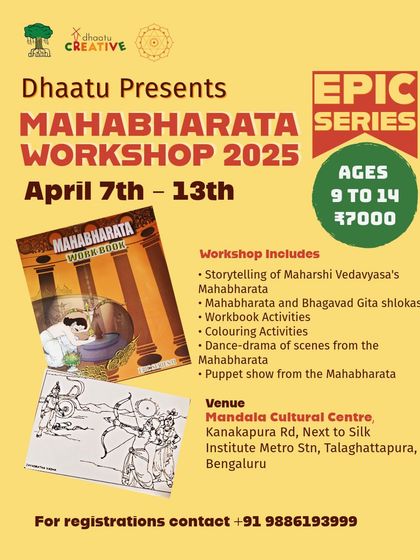 Part of our Epic Series, this Mahabharata workshop is for children aged 9 to 14. The program includes storytelling, workbook activities, and a puppet show to help young learners connect with this foundational Indian epic.