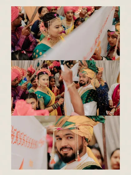 A collage capturing the 'Shubha Drishti' moment in a Maharashtrian wedding, where the bride and groom see each other for the first time.