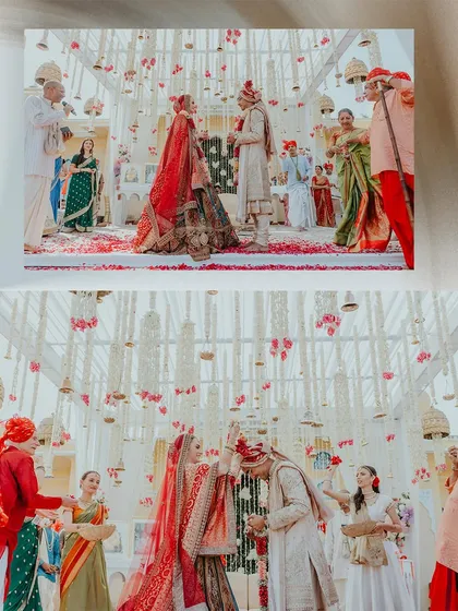 The 'Jaimala' or garland exchange at a beautiful ISKCON wedding in Rajasthan, with a stunning floral mandap.