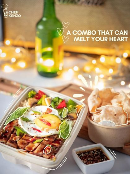 A combo that can melt your heart. Our Chicken Teriyaki bowl with a fried egg, served with crispy papads and a cold drink.