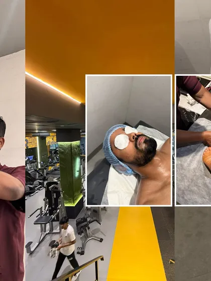 A collage showing the different facets of my in-gym recovery sessions at Rewind Fitness, from shoulder work to relaxing eye pads and foot therapy. It's a holistic approach to post-workout care.