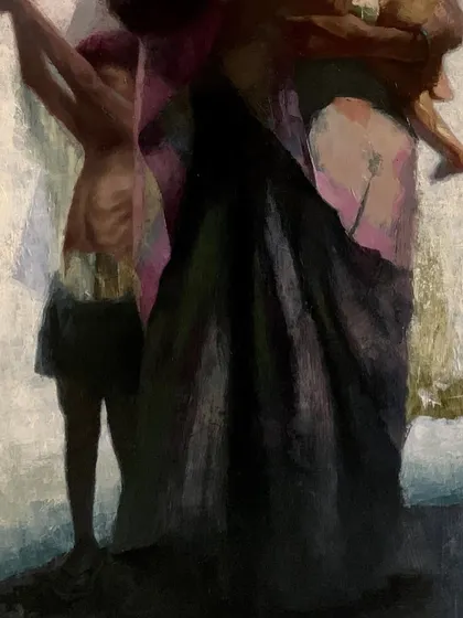 A detail of the lower half of "Love & Hunger," focusing on the figures and drapery.