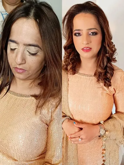 The final accessory is confidence. This before-and-after shows a complete transformation with a focus on defined eyes and a flawless complexion.