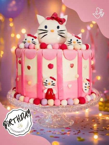 An adorable Hello Kitty cake with a whole family of kitties. The pink and white striped design and cute character details make this a delightful centerpiece.
