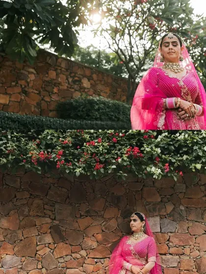 A collage of the bride in her pink lehenga, showing her grand entry with her father and solo portraits against a stone wall.
