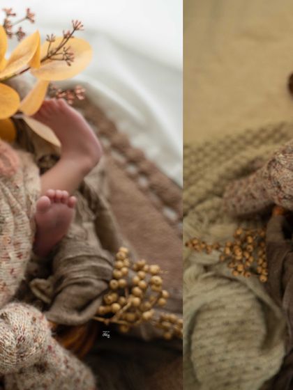 A collage-style image showing a close-up of tiny feet peeking out from a warm, knitted wrap.