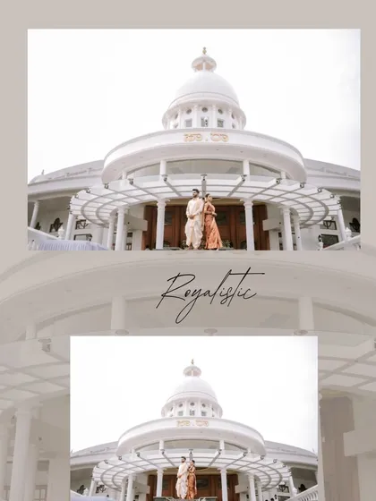 A grand, wide-angle shot showcasing the couple against a stunning, royal-looking building. This type of architectural portrait adds a sense of grandeur to the wedding album.