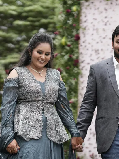 A candid shot of Sahana and her partner. Her soft, natural makeup is perfect for this outdoor pre-wedding shoot.