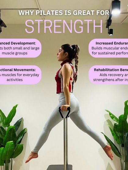 Pilates is fantastic for building functional strength. This image highlights the benefits, from balanced muscle development to increased endurance, all demonstrated through a challenging pose on the Ladder Barrel.
