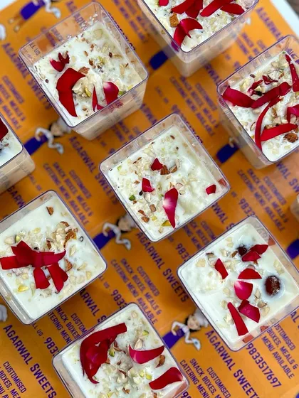 An overhead shot of the Rabdi dessert shots, showing the rich texture and premium ingredients I use.