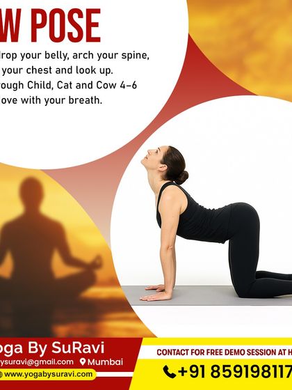 The Cow Pose, part of the Cat-Cow flow, helps to arch the spine and open the chest, improving spinal flexibility and relieving tension.