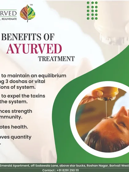 This graphic summarizes the core benefits of our Ayurvedic treatments. We help maintain equilibrium among the three doshas, expel toxins from the system, enhance strength and immunity, and ultimately improve your overall quality of life.