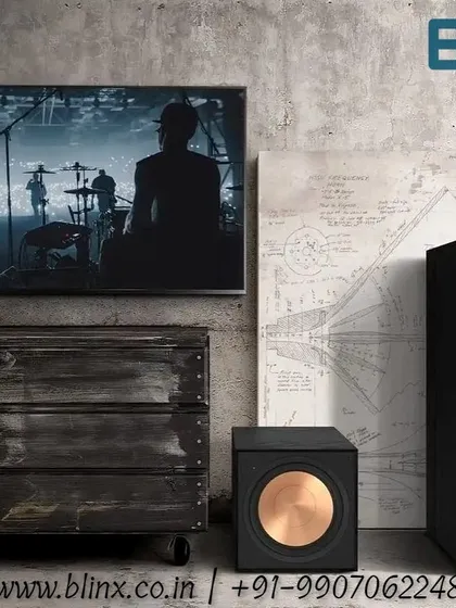 This setup features Klipsch Reference Premiere speakers, known for delivering the power, detail, and emotion of a live experience. Paired with a TV and subwoofer, they create a simple yet potent entertainment system.