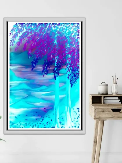 The same abstract landscape, but with a cool blue and purple color palette, creating a mystical, moonlit mood.