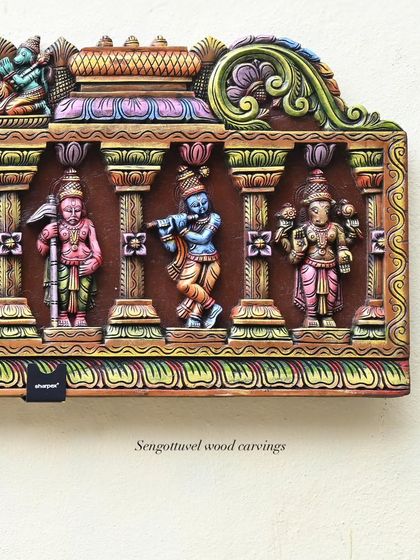 A close-up of the Dasavatharam panel, focusing on the avatars Balarama, Krishna, and Kalki. The vibrant color palette is clearly visible.