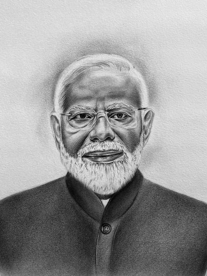 A detailed charcoal portrait of Prime Minister Narendra Modi. This piece focuses on achieving a high level of realism and capturing a respectful likeness.
