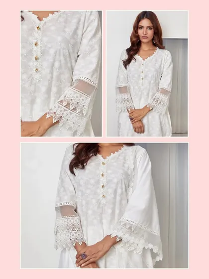 Here you can see the beautiful lace detailing on the sleeves and hem of the Ivy Kurta Set. It’s these little touches that make a simple white kurta feel so elegant.