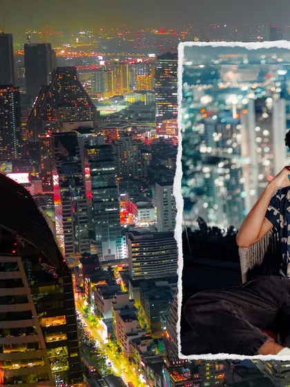 A creative collage of me enjoying the Bangkok skyline from a rooftop bar, one of the must-do experiences in Thailand.