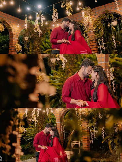 A collage of a couple's romantic pre-wedding shoot at night, surrounded by the warm glow of fairy lights.