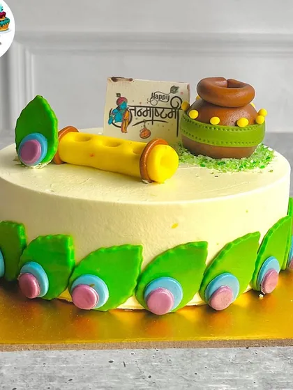 We celebrate every festival with you, and this Janmashtami cake is a perfect example. It features an edible flute and a 'dahi handi' pot, all handcrafted to bring a divine touch to your celebration.