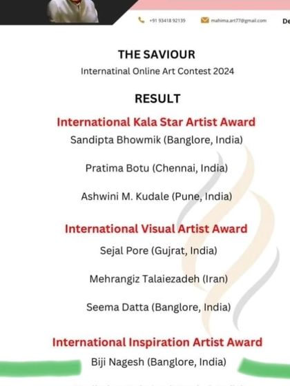 The official result announcement for the International Online Art Contest, where I was honored with the International Inspiration Artist Award.