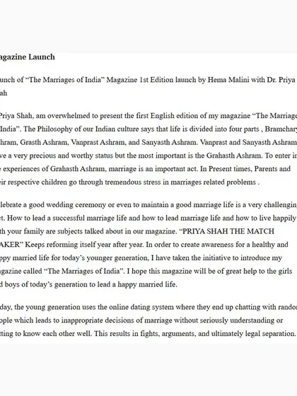 An excerpt about the launch of my magazine, 'The Marriages of India', created to guide the younger generation towards a happy married life.