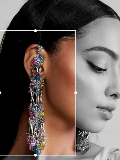 A creative shot showing our multi-coloured statement earrings, perfect for the summer wedding season.