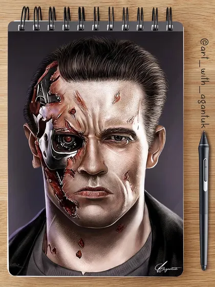 Here is the final Terminator artwork presented in a digital sketchbook format, next to the Wacom pen I used to create it. This shows how the digital file can look when prepared for print.