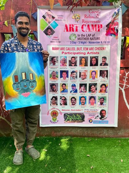 Holding my completed painting from the Wayanad art camp. The event was a fantastic opportunity to learn and create in a relaxed environment.