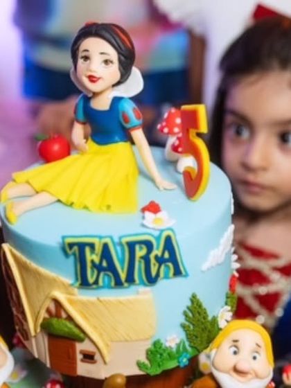 A close-up of Tara's Snow White cake, showing the detailed, hand-sculpted dwarfs and the rotating top tier with Snow White herself.