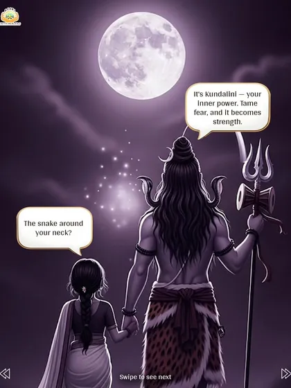 The snake around Shiva's neck represents Kundalini, your inner power. When you tame your fear, it transforms into strength. The snake is a symbol of this mastered life force energy.