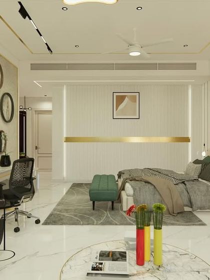 A look at the different zones within the master suite, including the sleeping area, study, and lounge space.