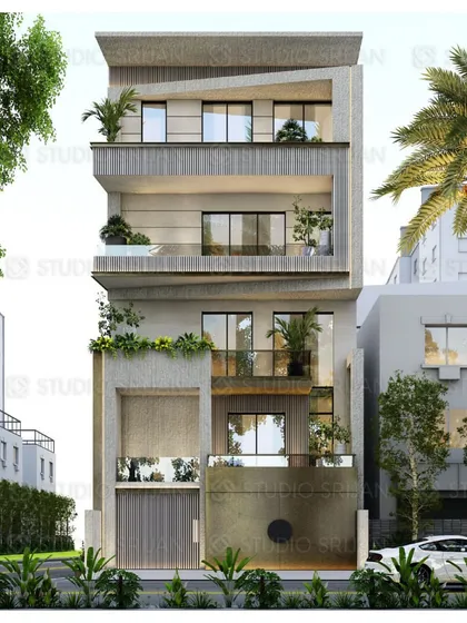 The front view of the Kohat Enclave project. The design plays with texture and materiality, from the smooth concrete to the patterned metallic gate and the slatted wood details.