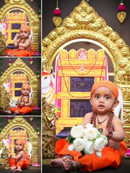 A collage showcasing different moments from the Sri Raghavendra Swamy themed shoot. The baby is captured in various poses, creating a collection of divine and adorable portraits.