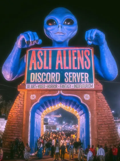 An image I created to promote 'Asli Aliens', my community Discord server for AI artists and enthusiasts. It's a mela for your mind.