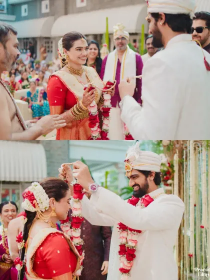 A diptych of the Varmala exchange, capturing the smiles and joyful interactions of the couple during this key wedding ritual.
