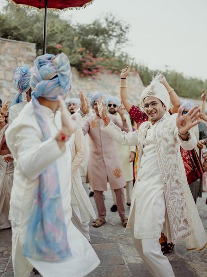 The groom and his baraatis bringing the energy to the wedding venue.