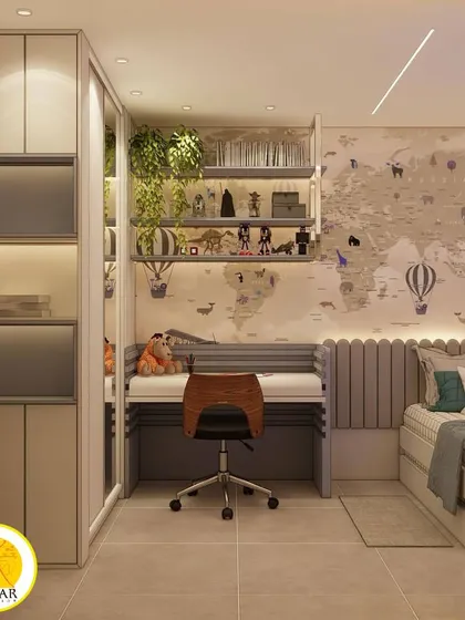 This angle highlights the functional layout of the room, with the bed, study desk, and wardrobe all neatly integrated.