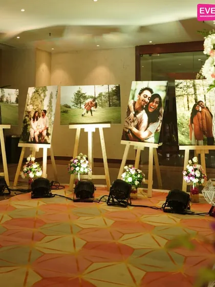 Another view of the photo gallery, showing how it can be integrated into the main event space to add a personal and narrative element to the decor.