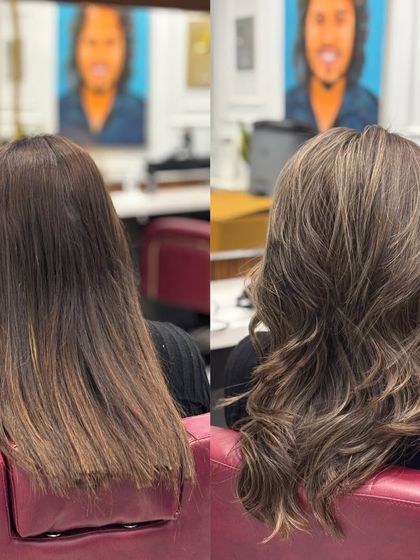 The back of the ash blonde transformation, showing the cool tones and healthy, layered cut.