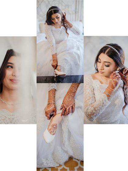 A collage of the bride getting ready, capturing the final touches from her shoes to her earrings, and a beautiful close-up through her veil.