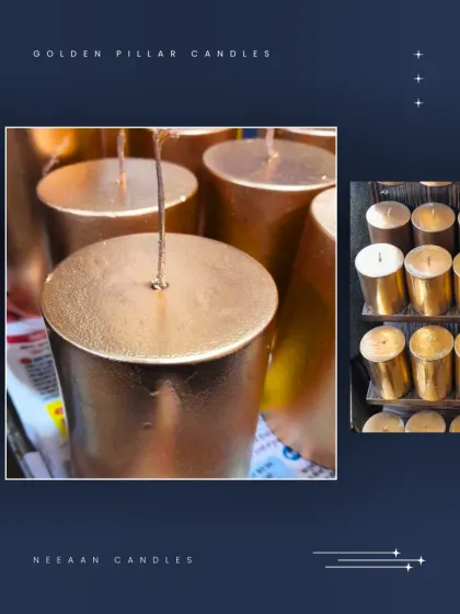 Radiance in every glow. Our handcrafted Golden Pillar Candles bring elegance and warmth to any space.