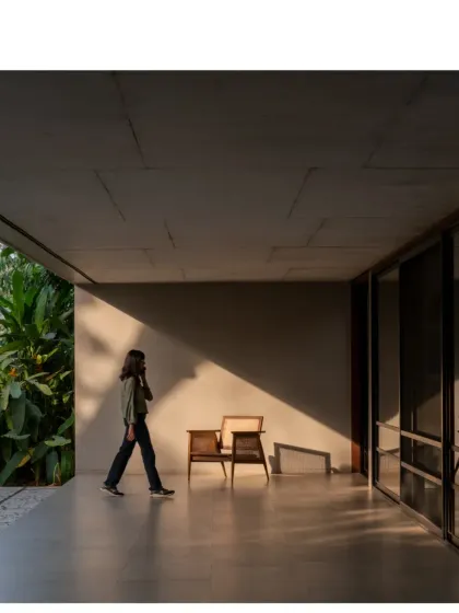 The play of afternoon light on a verandah in Alibaug. These transitional spaces are essential in our tropical designs, providing shade and connection to the outdoors.