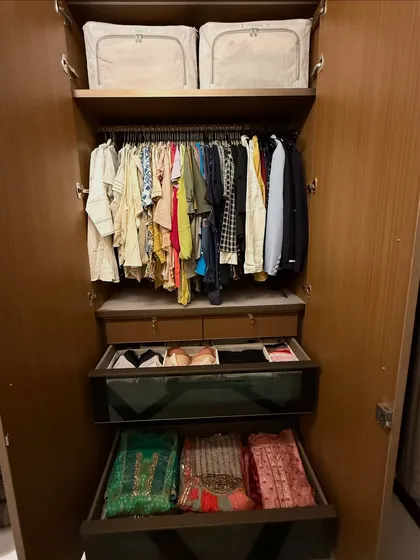 Drawers with glass fronts offer a peek at the organized contents within, like these neatly stored traditional Indian outfits. This combines the tidiness of closed storage with the visibility of open shelves.