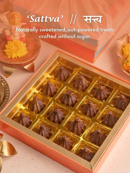 Our 'Sattva' box offers a guilt-free indulgence with naturally sweetened, nut-powered treats crafted without any refined sugar, perfect for health-conscious celebrations.