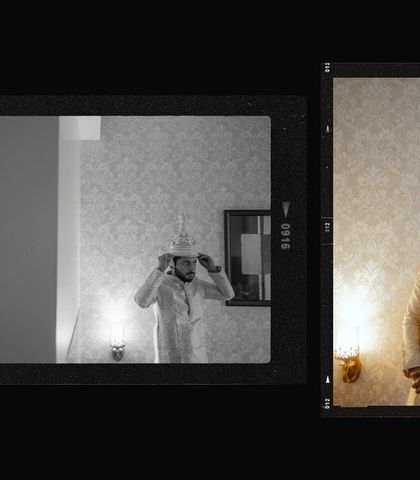 A creative black and white diptych of the groom getting ready. The reflection in the mirror adds an artistic layer to these candid preparation shots.